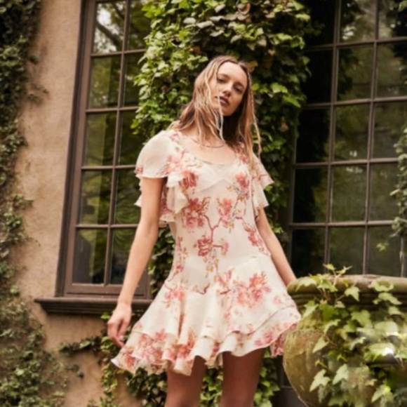 Free People Dresses & Skirts - Free People Love To Love Mini Dress Flowy Floral Sheer Ruffle Dress Size Medium